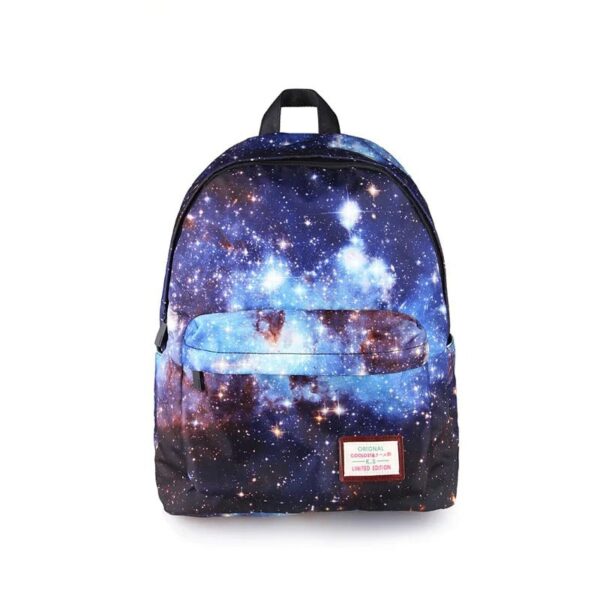 Stylish galaxy-themed backpack featuring a vibrant space print, perfect for students and science enthusiasts. Durable, lightweight, and ideal for school or travel.