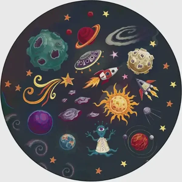Colorful illustration of planets, rockets, and celestial objects representing the solar system and outer space for educational and decorative purposes.