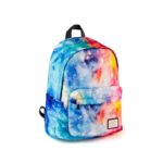 Colorful galaxy-themed backpack featuring a vibrant space design with stars and nebulae, perfect for students and science lovers.