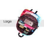 Large colorful backpack with science-themed items inside, including notebooks, pens, and gadgets.