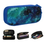 Durable pencil case featuring a vibrant galaxy space design, perfect for students and science enthusiasts to organize pens, pencils, and stationery.