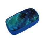 A space-themed galaxy pattern pencil case with a blue zipper, perfect for students and science enthusiasts.