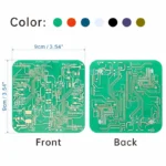 Green circuit board science kit with detailed front and back views, measuring 9cm by 9cm, ideal for educational science projects and DIY electronics experiments.