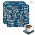 Blue circuit board-themed coffee coaster with intricate electronic design, perfect for science enthusiasts and modern decor.