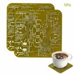 Innovative coffee coaster featuring a detailed electronic circuit board pattern, perfect for tech enthusiasts and science lovers.