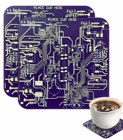 Set of circuit board-themed coasters with a coffee cup on one, showcasing a tech-inspired design perfect for science and electronics enthusiasts.