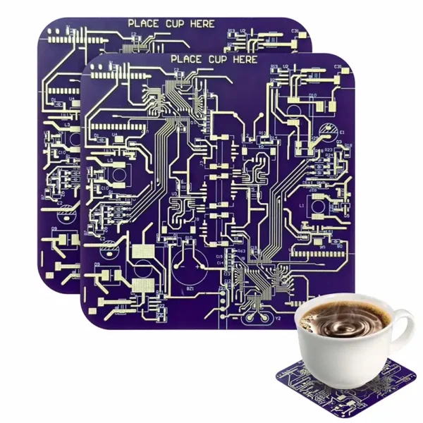 Set of circuit board-themed coasters with a coffee cup on one, showcasing a tech-inspired design perfect for science and electronics enthusiasts.