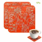 Red circuit board-themed coffee coaster with intricate electronic design, perfect for tech enthusiasts and science lovers.