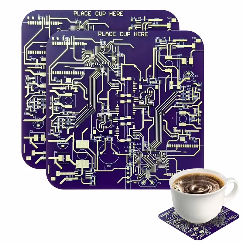 Circuit Board Coffee Coaster Set Set of circuit board-themed coasters with a coffee cup on one, showcasing a tech-inspired design perfect for science and electronics enthusiasts.