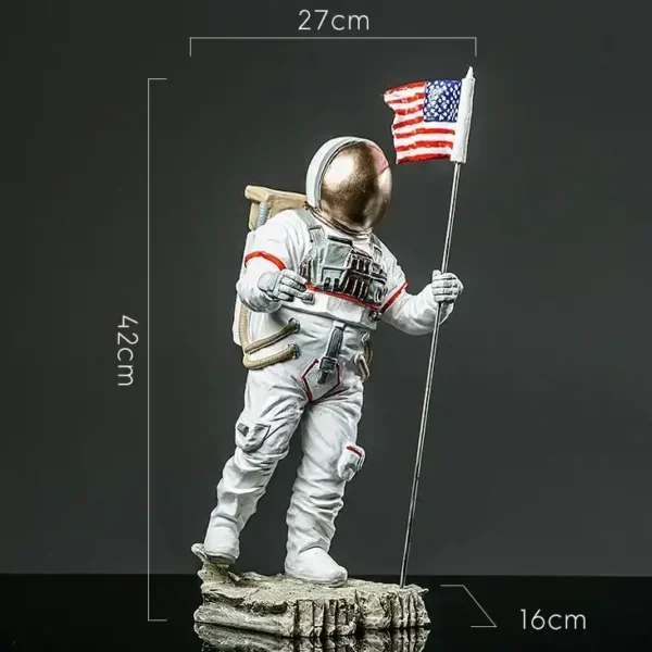 Detailed astronaut figurine holding an American flag, perfect for science decor and educational displays. Measures 42cm tall, 27cm wide, and 16cm deep, showcasing space exploration themes.
