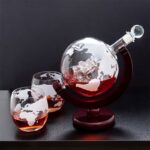 Decorative globe featuring a map design with red liquid inside, accompanied by two matching glasses, perfect for science-themed decor or educational purposes.