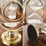 Elegant brass and glass hourglass timer with a modern design.