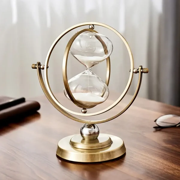 Stylish sand timer with a metallic orbital frame, perfect for science-themed decor and educational settings. Adds a modern touch to any desk or study space.