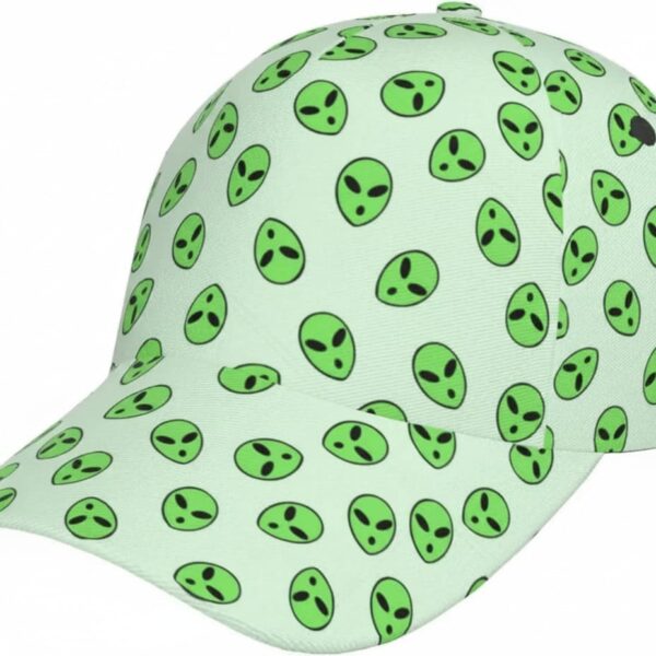 An alien head pattern baseball cap featuring green alien faces with black eyes on a white background, perfect for science-themed fashion and educational activities.