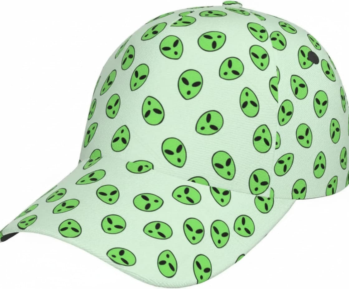 Alien Head Pattern Baseball Cap | Science Gadgets An alien head pattern baseball cap featuring green alien faces with black eyes on a white background, perfect for science-themed fashion and educational activities.