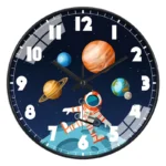 Astronaut and planets wall clock featuring a space scene with an astronaut, planets, and stars, perfect for science decor and educational settings.