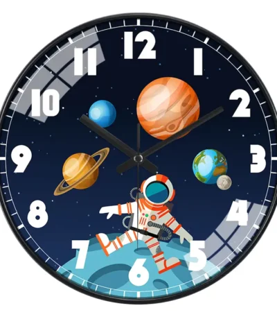 Astronaut and planets wall clock featuring a space scene with an astronaut, planets, and stars, perfect for science decor and educational settings.