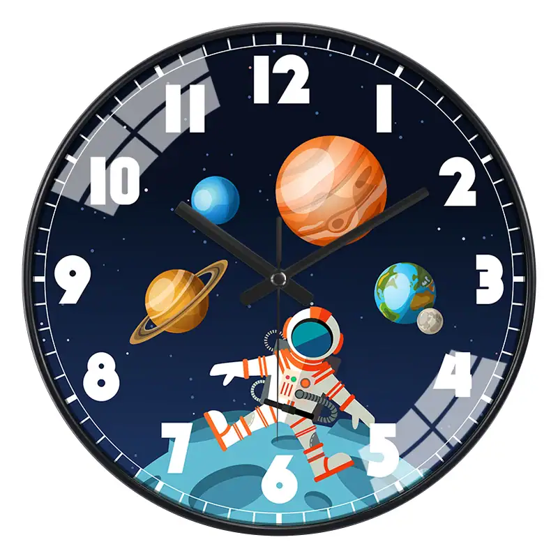 Space-Themed Wall Clock with Astronaut and Planets Astronaut and planets wall clock featuring a space scene with an astronaut, planets, and stars, perfect for science decor and educational settings.