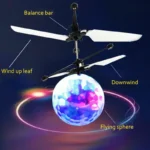 Educational drone with labeled parts including balance bar, wind-up leaf, downwind, and flying sphere, demonstrating principles of physics and aerodynamics.