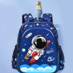 Colorful kids' backpack featuring a space theme with a cartoon astronaut, rockets, planets, and stars, perfect for school or travel.
