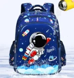 Colorful space-themed kids' backpack featuring an astronaut riding a rocket, with planets and stars, perfect for school or travel.