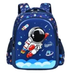 Colorful space-themed children's backpack featuring a cartoon astronaut and rocket, perfect for school or travel. Durable, lightweight, and fun design for young space enthusiasts.