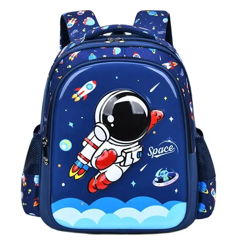 Colorful space-themed children's backpack featuring a cartoon astronaut and rocket, perfect for school or travel. Durable, lightweight, and fun design for young space enthusiasts.