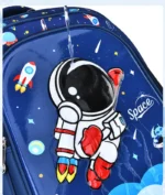 Colorful astronaut backpack featuring space motifs, rockets, and planets, designed for kids and students.