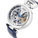 Close-up of a Bewell automatic skeleton watch showcasing intricate gears and mechanisms with a blue leather strap.