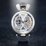 Close-up of a Bewell skeleton mechanical watch showcasing intricate gears and craftsmanship.