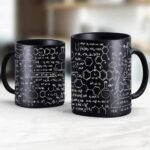 Black ceramic mug featuring white scientific formulas and chemical structures, perfect for science enthusiasts and students.