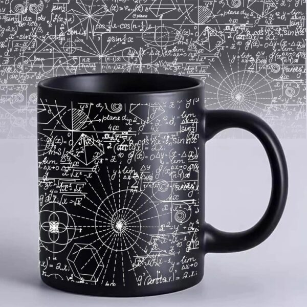 Black ceramic mug featuring white mathematical equations, geometric diagrams, and scientific formulas, perfect for science enthusiasts and students.