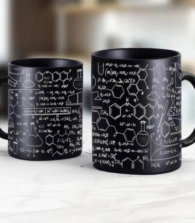 Black ceramic mug featuring white scientific formulas and chemical structures, perfect for science enthusiasts and students.