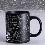 Black ceramic mug featuring white scientific formulas, chemical structures, and diagrams, perfect for science enthusiasts and students.