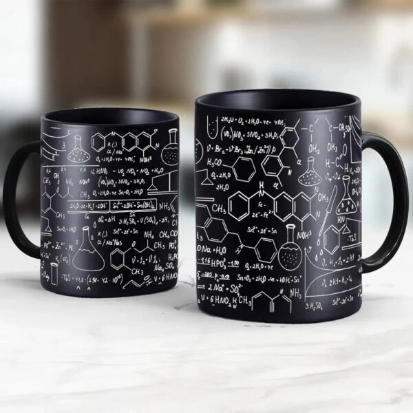 Black ceramic mug featuring white scientific formulas and chemical structures, perfect for science enthusiasts and students.