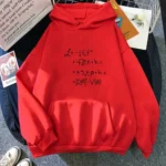 Red hoodie featuring a complex physics and mathematics equation printed on the front, perfect for science lovers and students.