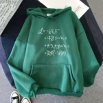Green hoodie with scientific equations printed on the front.