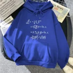 Blue hoodie featuring a physics equation printed on the front, perfect for science enthusiasts and students.