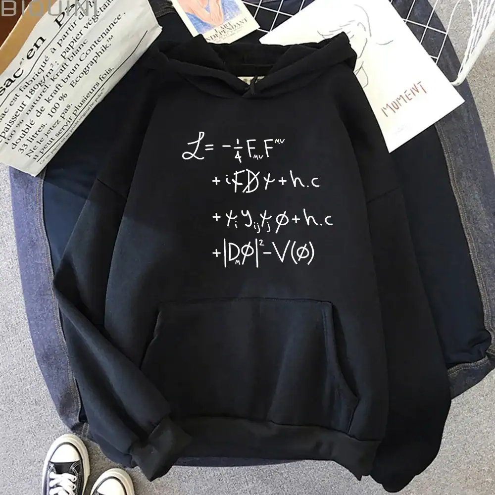 Black hoodie featuring a detailed physics equation print, perfect for science lovers and students interested in physics and educational apparel.