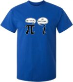 Pi and I science T-shirt with speech bubbles, blue color, educational and humorous design.