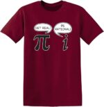Maroon T-shirt featuring a humorous science design with the Pi symbol and an information icon, with speech bubbles saying "Get real!" and "Be rational!".