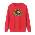 Red sweatshirt featuring a colorful Rubik's Cube melting into water with vibrant splash effects, perfect for science and puzzle enthusiasts.