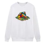 White sweatshirt featuring a colorful melting Rubik's Cube graphic, perfect for science and puzzle enthusiasts.