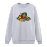 Gray sweatshirt featuring a colorful Rubik's Cube melting into a vibrant, watercolor-style puddle, perfect for science and puzzle enthusiasts.