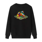 Black sweatshirt featuring a colorful Rubik's Cube with water reflection design, perfect for science and puzzle enthusiasts.