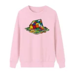 Pink sweatshirt featuring a colorful Rubik's Cube melting into a watercolor pool, perfect for science and puzzle enthusiasts.