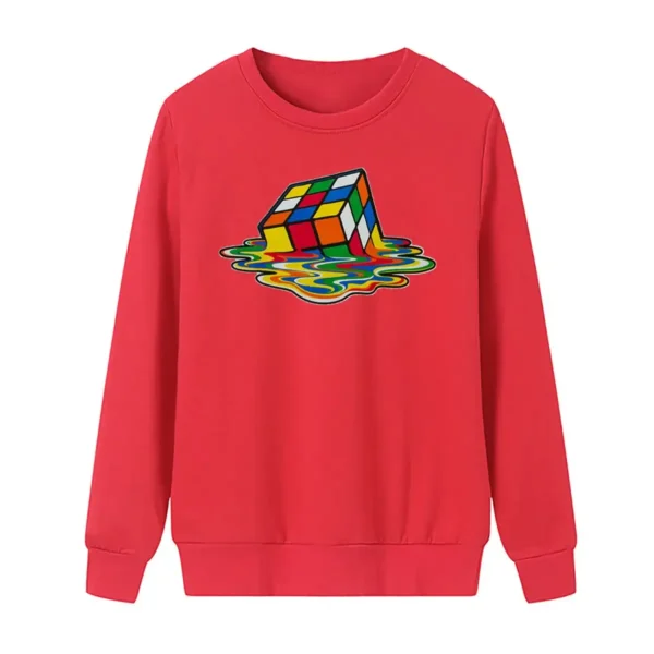 Red sweatshirt featuring a colorful Rubik's Cube melting into water with vibrant splash effects, perfect for science and puzzle enthusiasts.