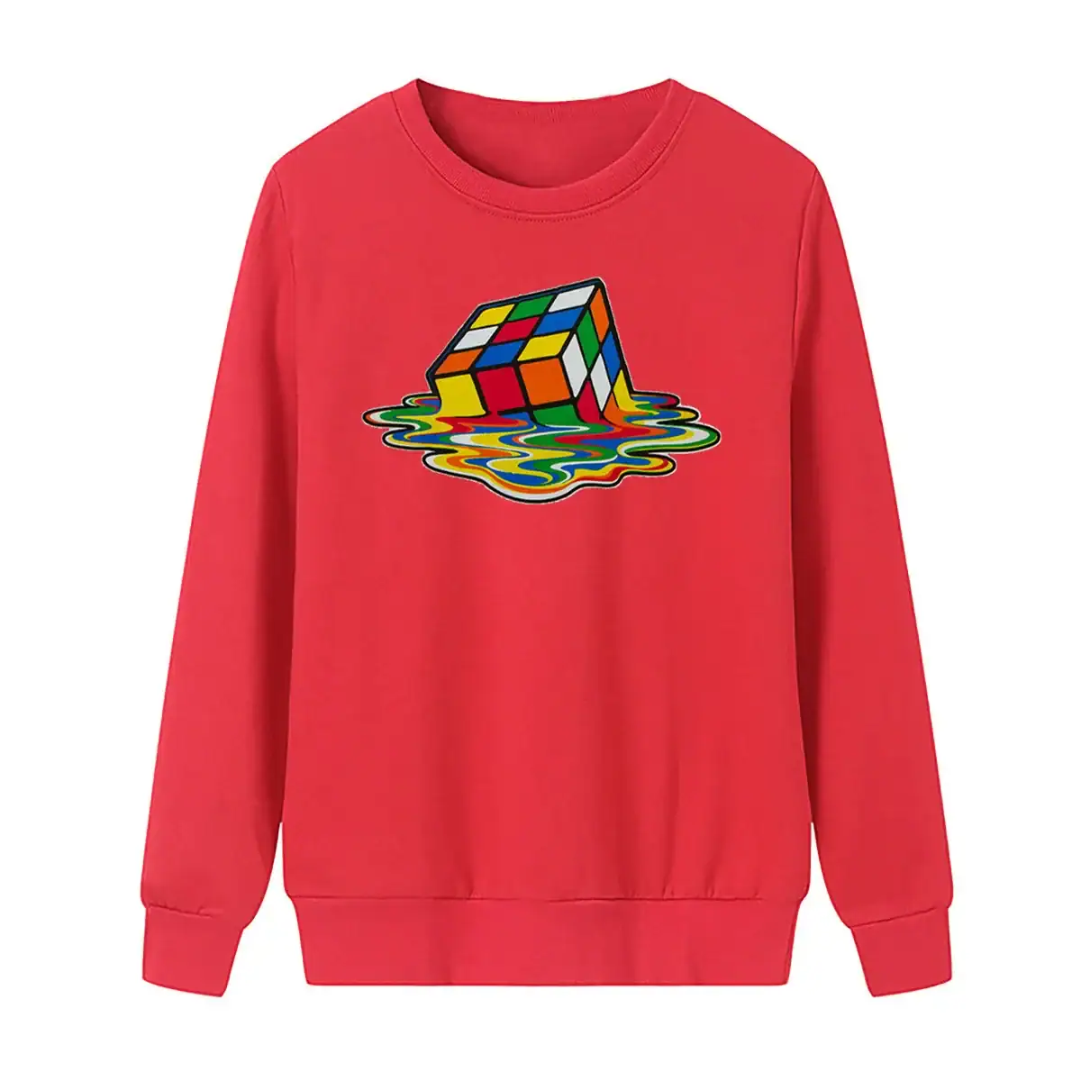 Rubik's Cube Water Splash Sweatshirt Red sweatshirt featuring a colorful Rubik's Cube melting into water with vibrant splash effects, perfect for science and puzzle enthusiasts.