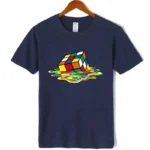 Navy T-shirt featuring a colorful Rubik's Cube with water splash design, perfect for science and puzzle enthusiasts.