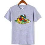 Gray T-shirt featuring a colorful melting Rubik's Cube graphic, perfect for science and puzzle enthusiasts.
